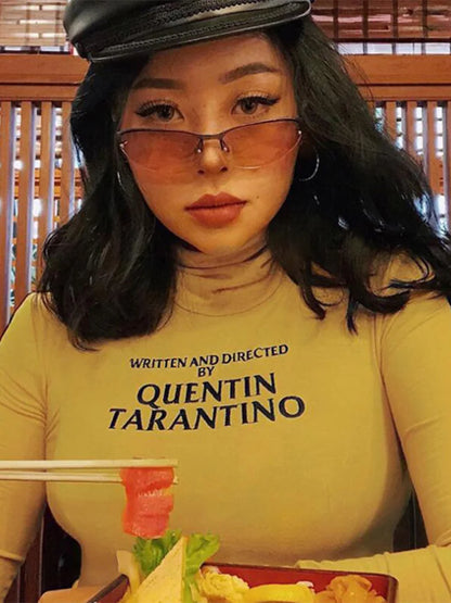 2023 Fashion Quentin Tarantino Sexy Crop Tops Women Side Stripe Long Sleeve Turtleneck Cotton Knitted Short tshirt Lady