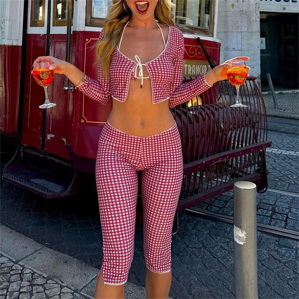 Plaid Outfits Long Sleeve Tie Front Crop Tops + Low Waist Capris Pants Set Vintage Cottage Slilm Fit T-shirt Women Y2k Outfits