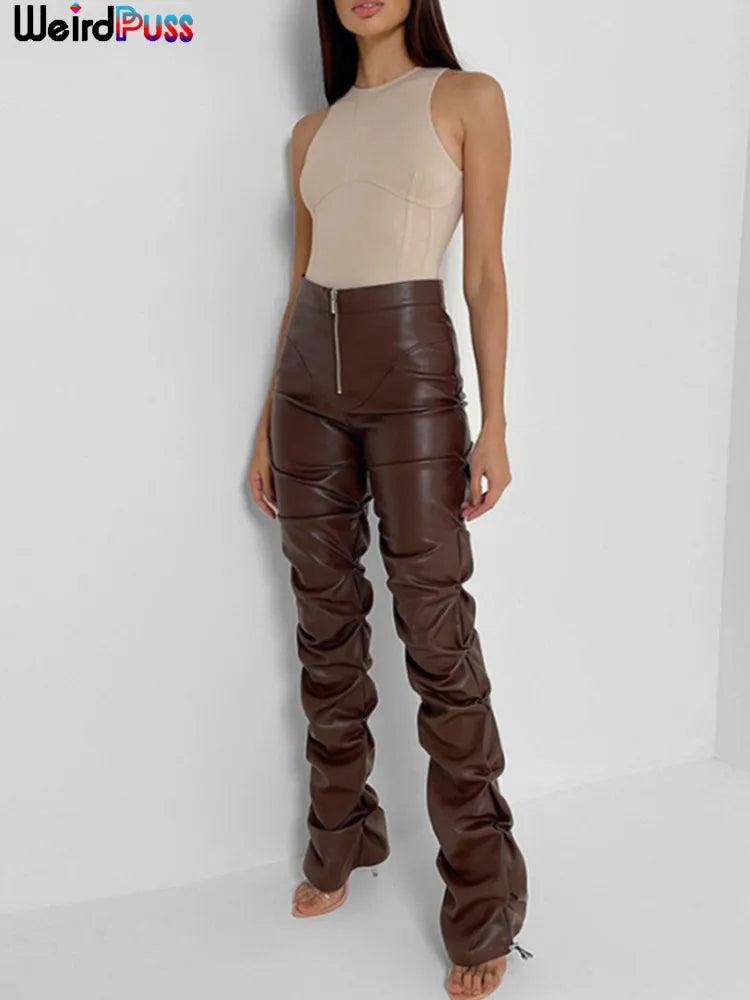 Weird Puss Faux Leather Pants Cyber Y2K Vintage Stacked Zipper Side Slit Drawstring Pencil Pants Trend Streetwear Slim Outfits