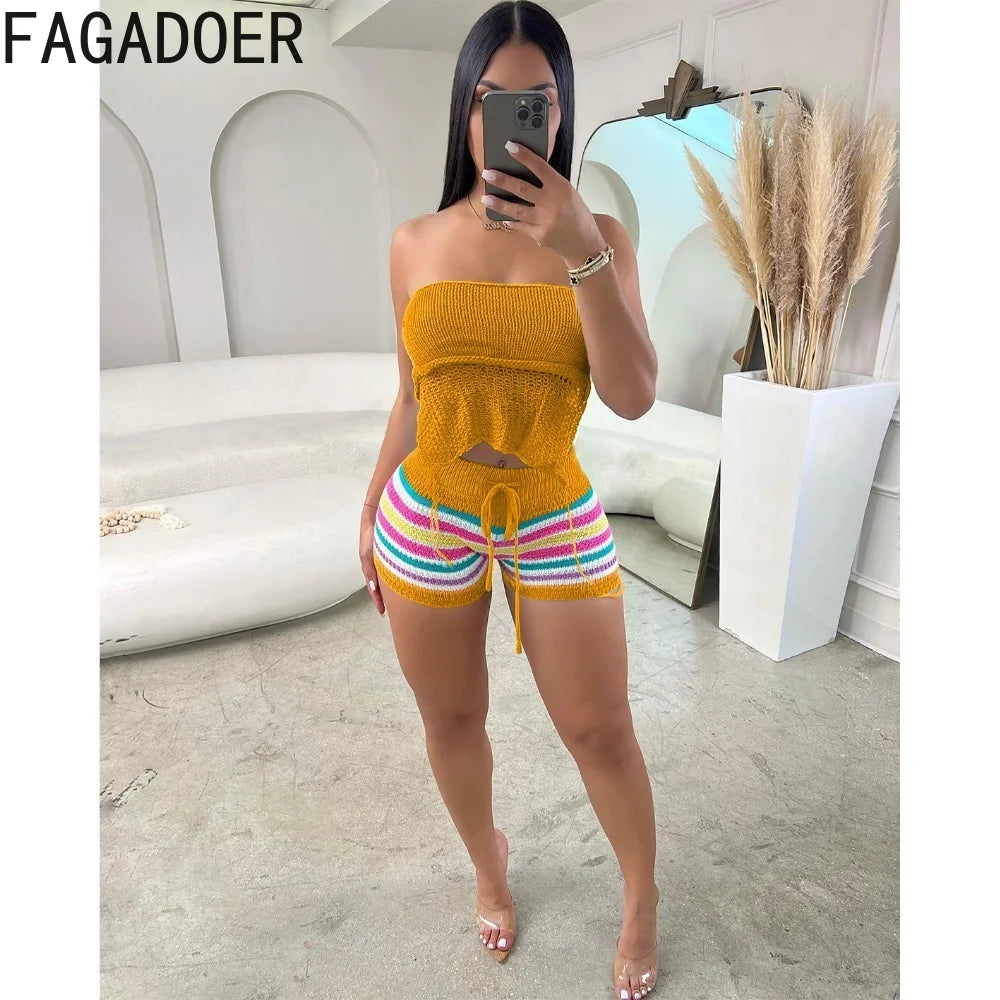 FAGADOER summer new Knitted stripe printing two piece sets women off shoulder backless lace up top and shorts outfits fashion cl