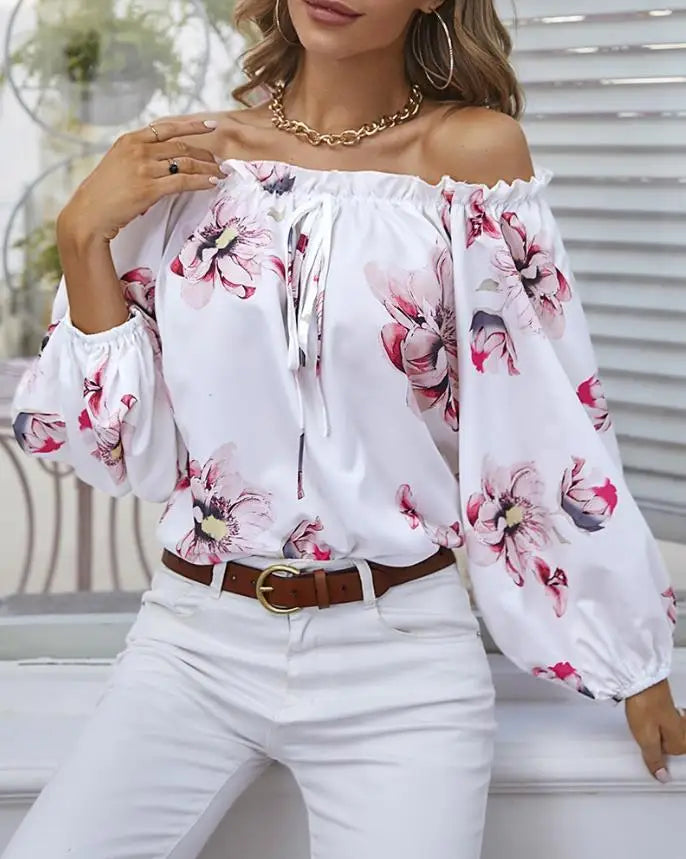 Fashion Floral Print Off Shoulder Frill Hem Top Casual Chic Lantern Sleeve Tied Detail Daily Summer Women's T-Shirt