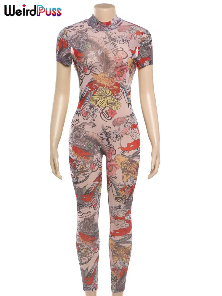 See-Through Dragon Print Jumpsuit - Backless Fitness Clubwear