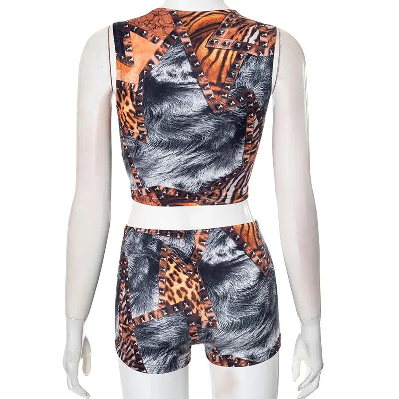 ANJAMANOR Leopard Print 2 Piece Sets Sleeveless Crop Top and Shorts Womens Club Wear Baddie Outfit Summer 2025 D85-AI11