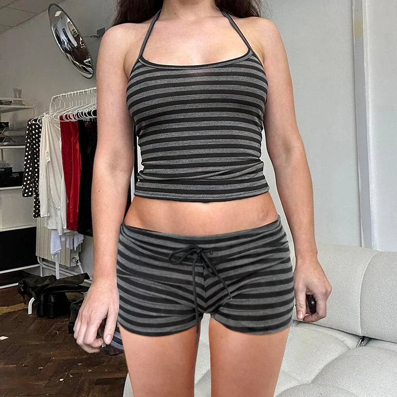 Striped Halter Crop Top & Shorts Set – Lightweight Summer Outfit