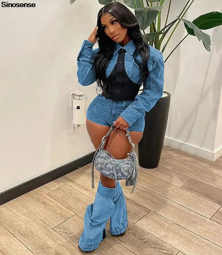 Women's Denim Two 2 Piece Set Long Sleeve Mini Jean Jacket+Jeans Shorts Spring Summer Streetwear Night Club Party Outfits