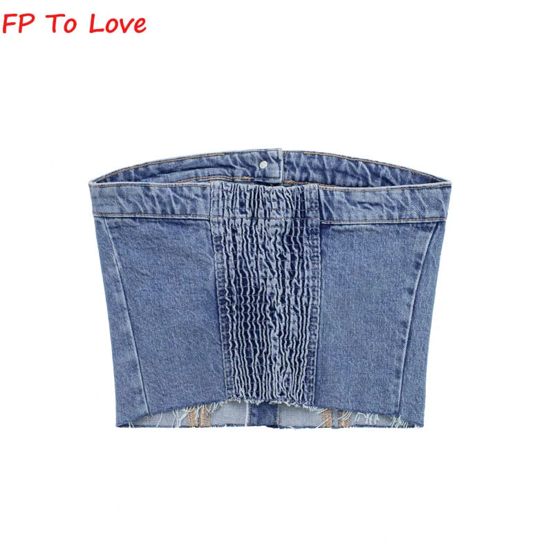 Blue Denim Strapless Tops Vintage Tube Corset Single Breasted Summer Sexy Chest Crop Backless Elastic Off Shoulder Woman6739200