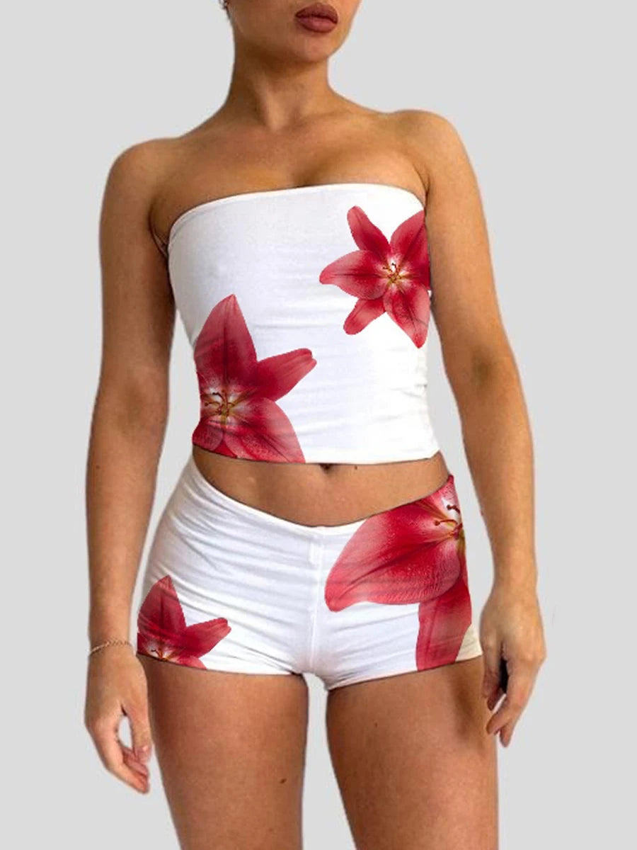 Sexy Women 2 Pieces Short Suits Y2k Grunge Flower Print Strapless Tube Tops Elastic Waist Shiny Shorts Holiday Party Outfits