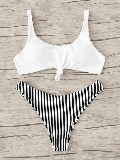 Sexy Micro Bikini 2022 Women Swimsuit Scoop Neck Striped Swimwear Knot Bow Fringe Summer Beachwear Bathing Suit Push Up Biquini