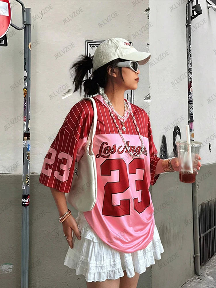 Summer New Los Angeles 23 Print T-Shirt For Women V-Neck Short Sleeve Mesh Sports Football Jersey Y2K Loose Oversized Tops