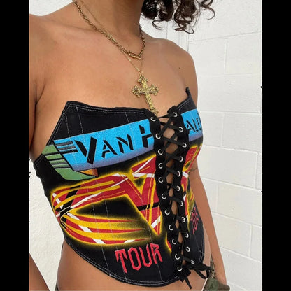 Street Style Graphic Cropped Tank Top Sexy Summer Clothes for Women 2024 Bandage Corset Bustier Top Club Wear