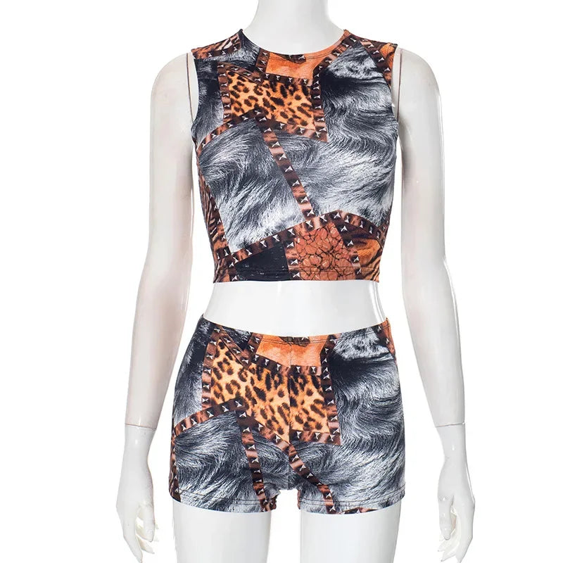 ANJAMANOR Leopard Print 2 Piece Sets Sleeveless Crop Top and Shorts Womens Club Wear Baddie Outfit Summer 2025 D85-AI11