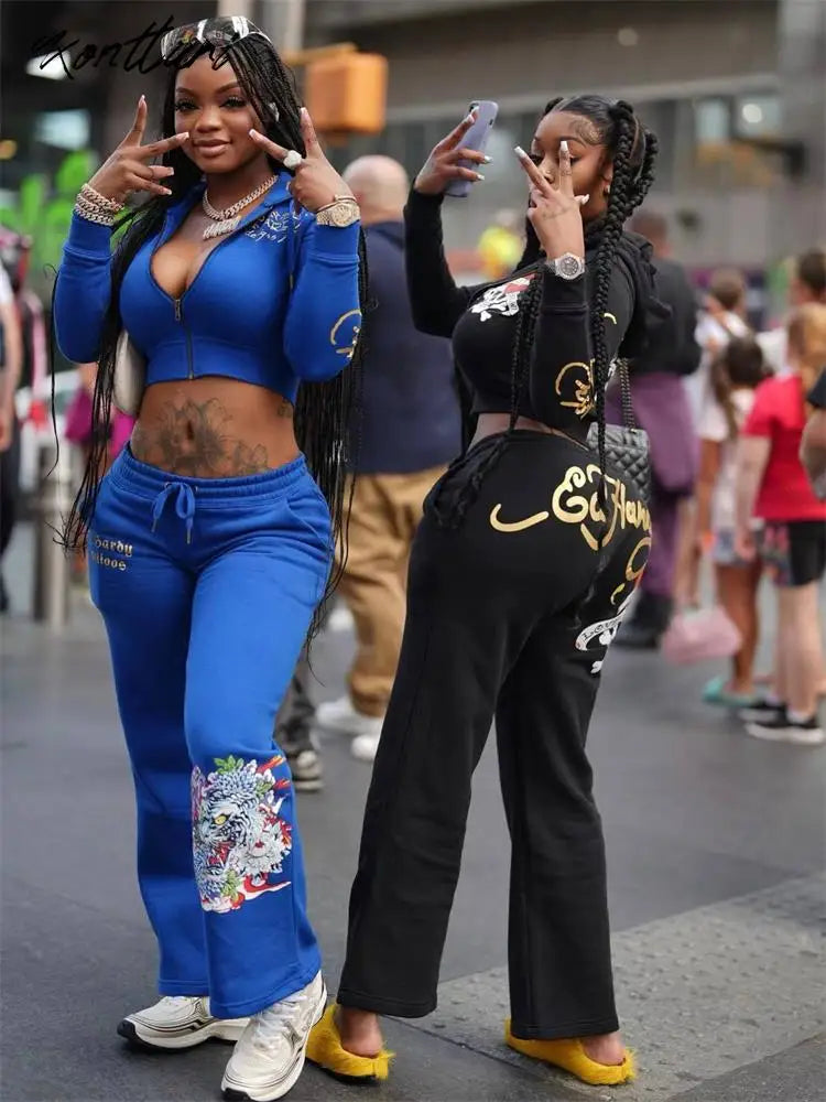 Kontturi Y2k Clothes Women 2023 Black Print Hoodie Sweatpant Fall Winter Blue Bodycon 2 Two Piece Outfits Pants Matching Sets