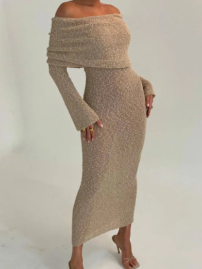 Women's Summer Slash Neck Sunscreen Maxi Dress 2024 Chic Long Sleeve Bodycon Knitted Vestidos Female Elegant Holiday Beachwear