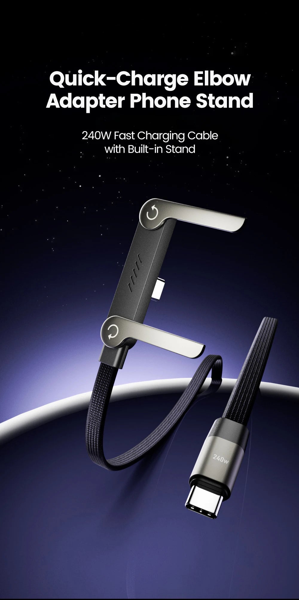 65W Fast Charging Cable with Foldable Phone Holder | USB-C & USB | Braided Nylon | 1m & 1.5m