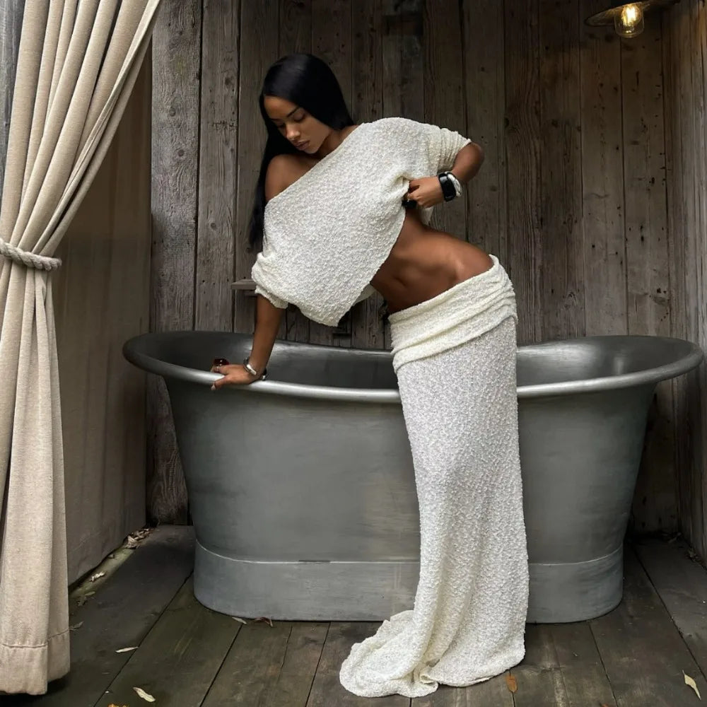 Summer Knit Beach Skirt Sets Women Sexy See Through Holiday Two Piece Outfits Long Sleeve Top and Maxi Skirt Matching Set 2025