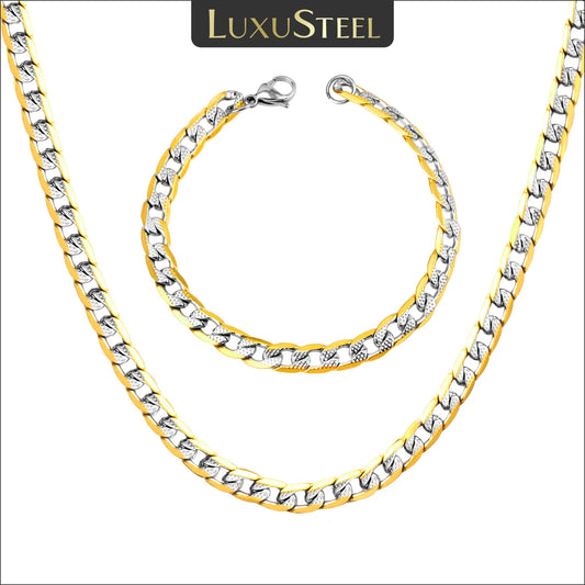 LUXUSTEEL Heavy Stainless Steel Necklace Bracelet Sets For Men Boys Gold Plated Silver Color Cuban Chain Vintage Punk Jewlery