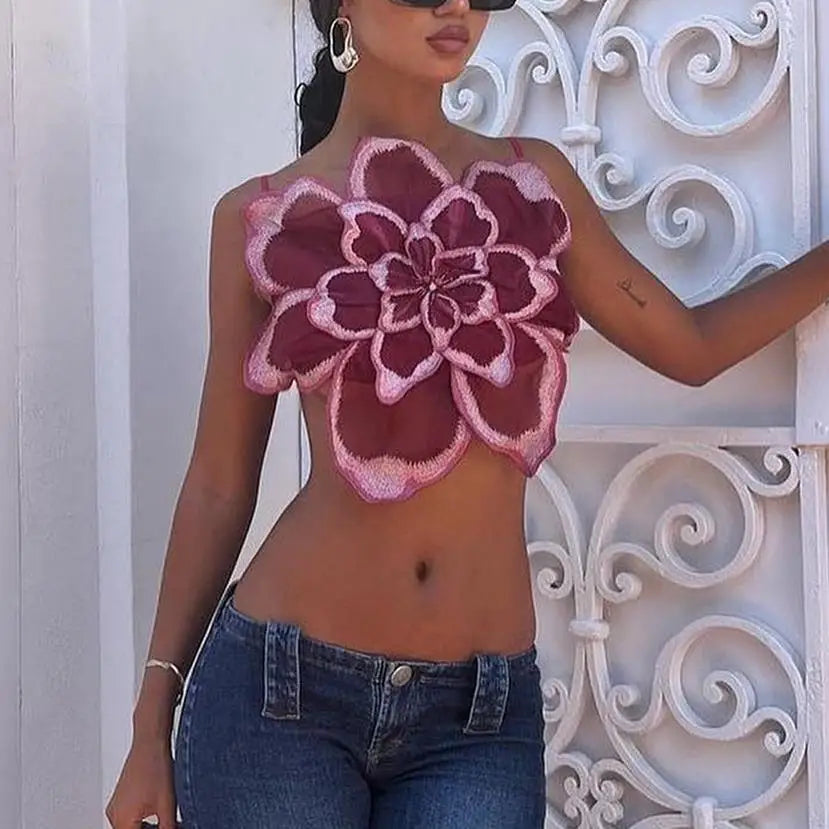 Summer Y2K Women's Floral Vest Tops Ladies Fashion Camis Sleeveless Backless Lace Flower Casual Party Streetwear Vest Top