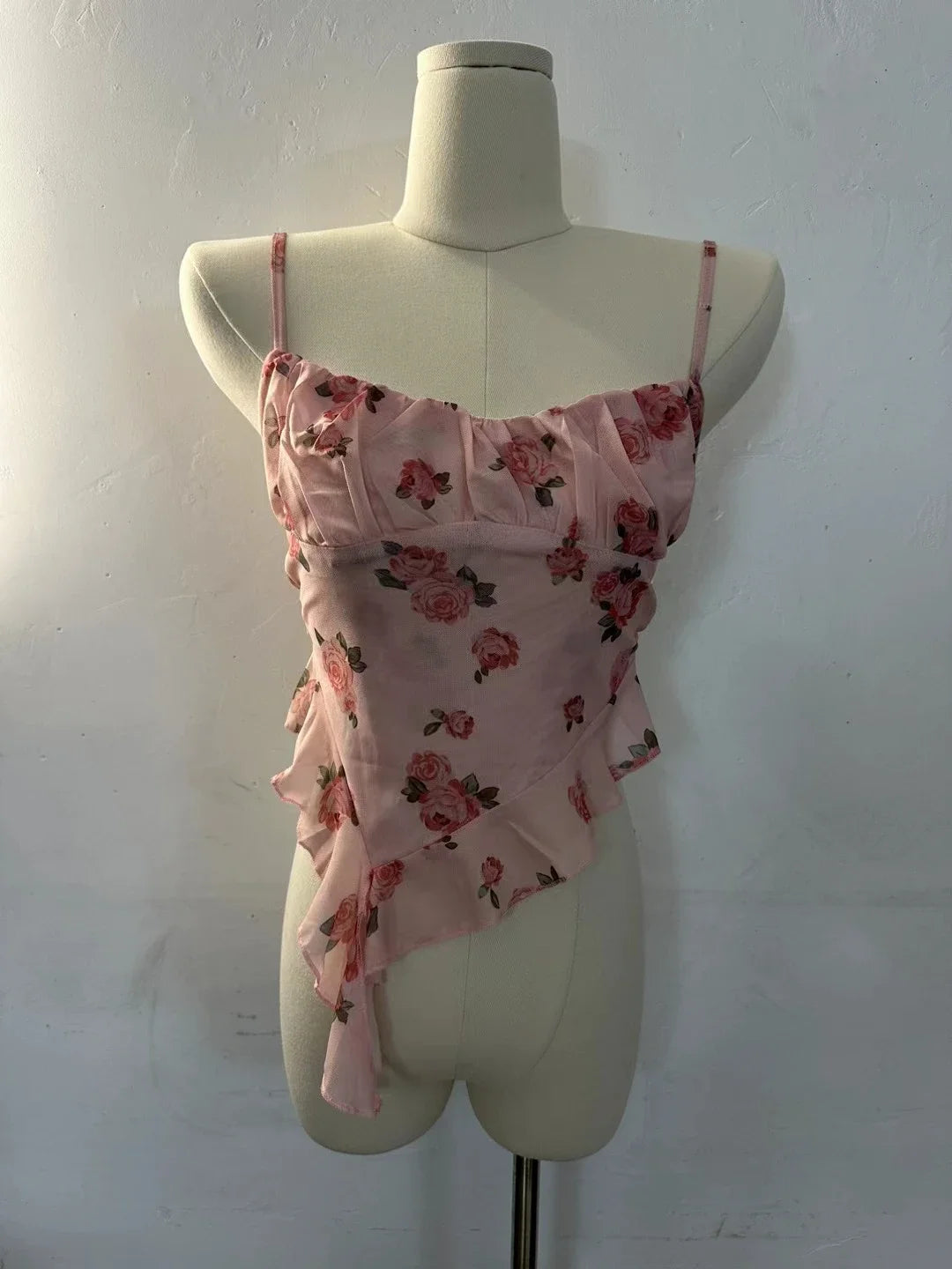 2024 New Girls Sweet Ruffles Mesh Camisole Top Lady Camis Sleeveless Printed Floral T shirts Stretch Slim Tanks For Slim Women