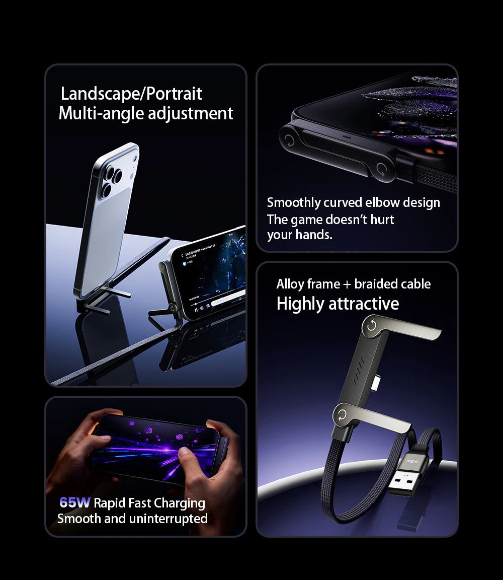 65W Fast Charging Cable with Foldable Phone Holder | USB-C & USB | Braided Nylon | 1m & 1.5m