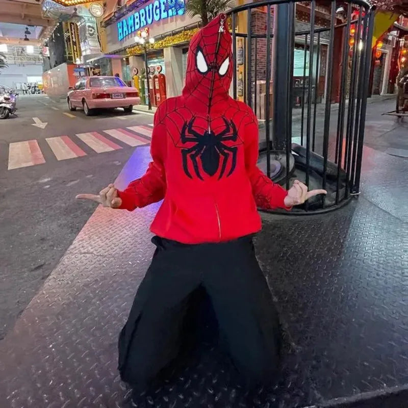 Gothic Spider Print Hooded Cardigan Full Zip Loose Hoodie Top Women Men Clothing Y2K Vintage Punk Hoodie Kpop Jacket 90s