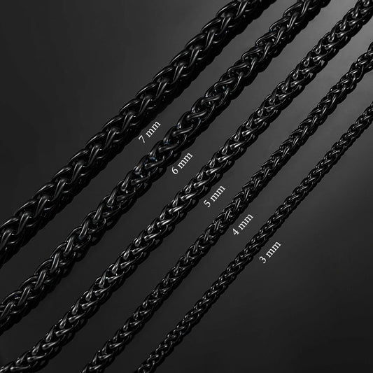 Black Wheat Braided Stainless Steel Necklace- 3mm to 7mm