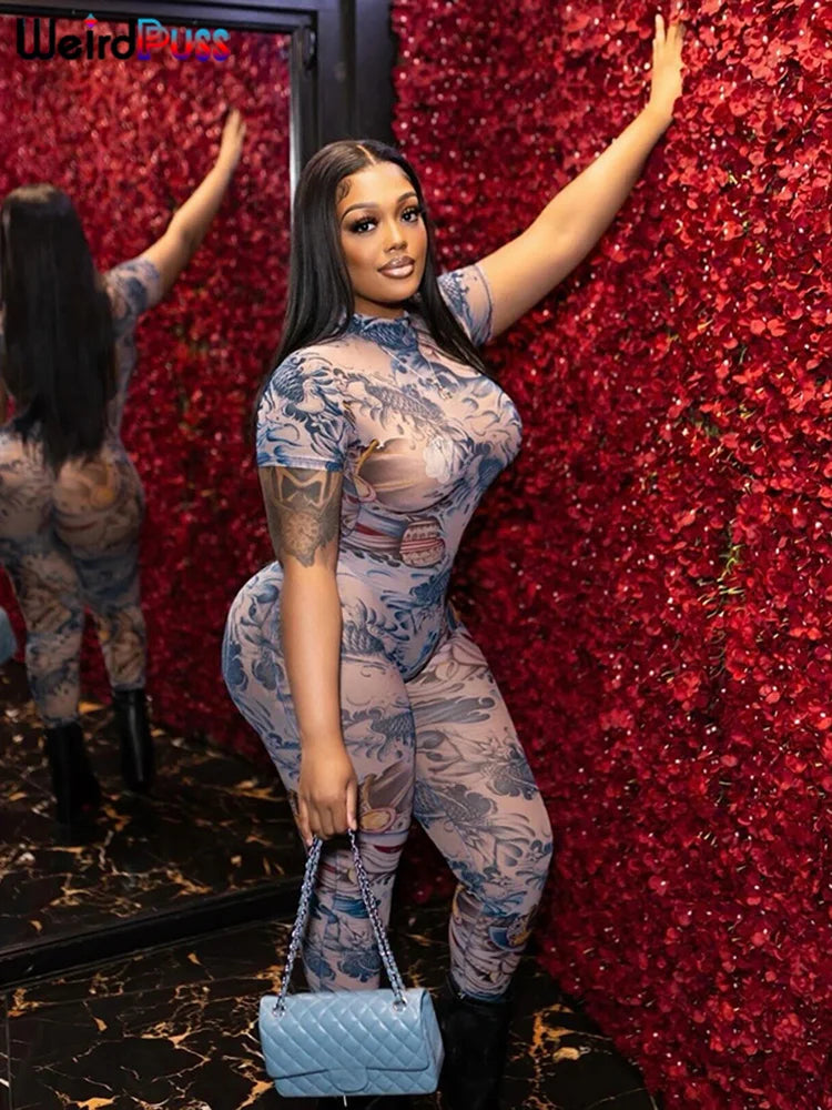 See-Through Dragon Print Jumpsuit - Backless Fitness Clubwear