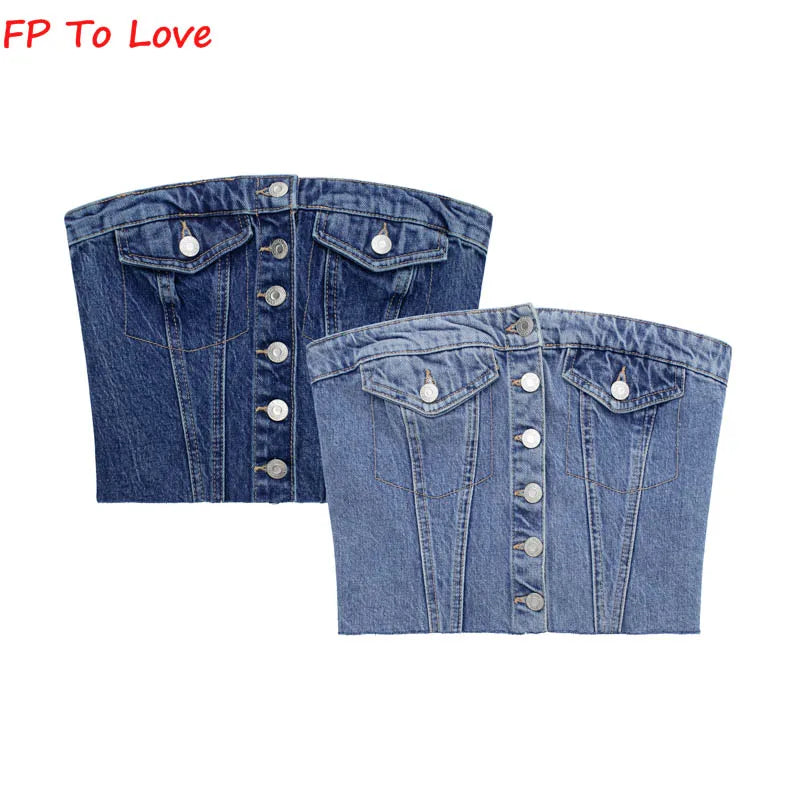 Blue Denim Strapless Tops Vintage Tube Corset Single Breasted Summer Sexy Chest Crop Backless Elastic Off Shoulder Woman6739200