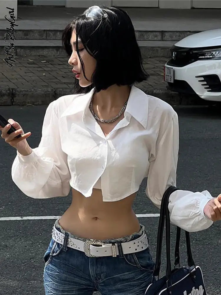 White Blouse Hollow Out Crop Top Y2K Clothes Long Sleeve Top Autumn Spring Solid Turn Down Collar Streetwear Button Up Shirt