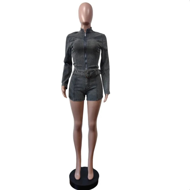 Streetwear Jeans Shorts Outfit Set Sexy Women Elegant Two Pieces Denim Club Macthing Jacket+Shorts