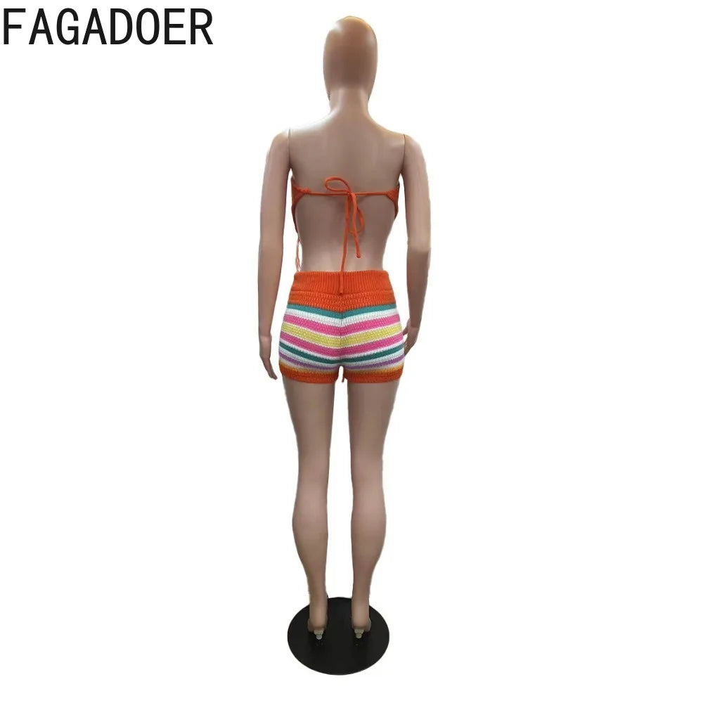 FAGADOER summer new Knitted stripe printing two piece sets women off shoulder backless lace up top and shorts outfits fashion cl