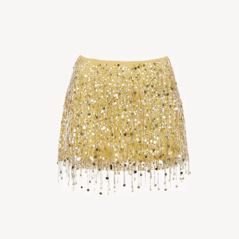 Sexy Sequins Tassel Skirt Sets Women Sling Crop Tops Hip Package A-line Short Skirts 2025 Summer Chic Beach Party Outfits Lady