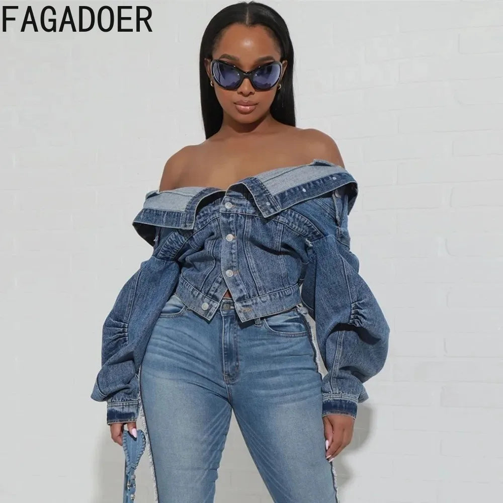 FAGADOER Blue Vintage Fashion Y2K Denim Coats Women Turndown Collar Long Sleeve Slim Crop Top Autumn Lady Cowboy Matching Jacket