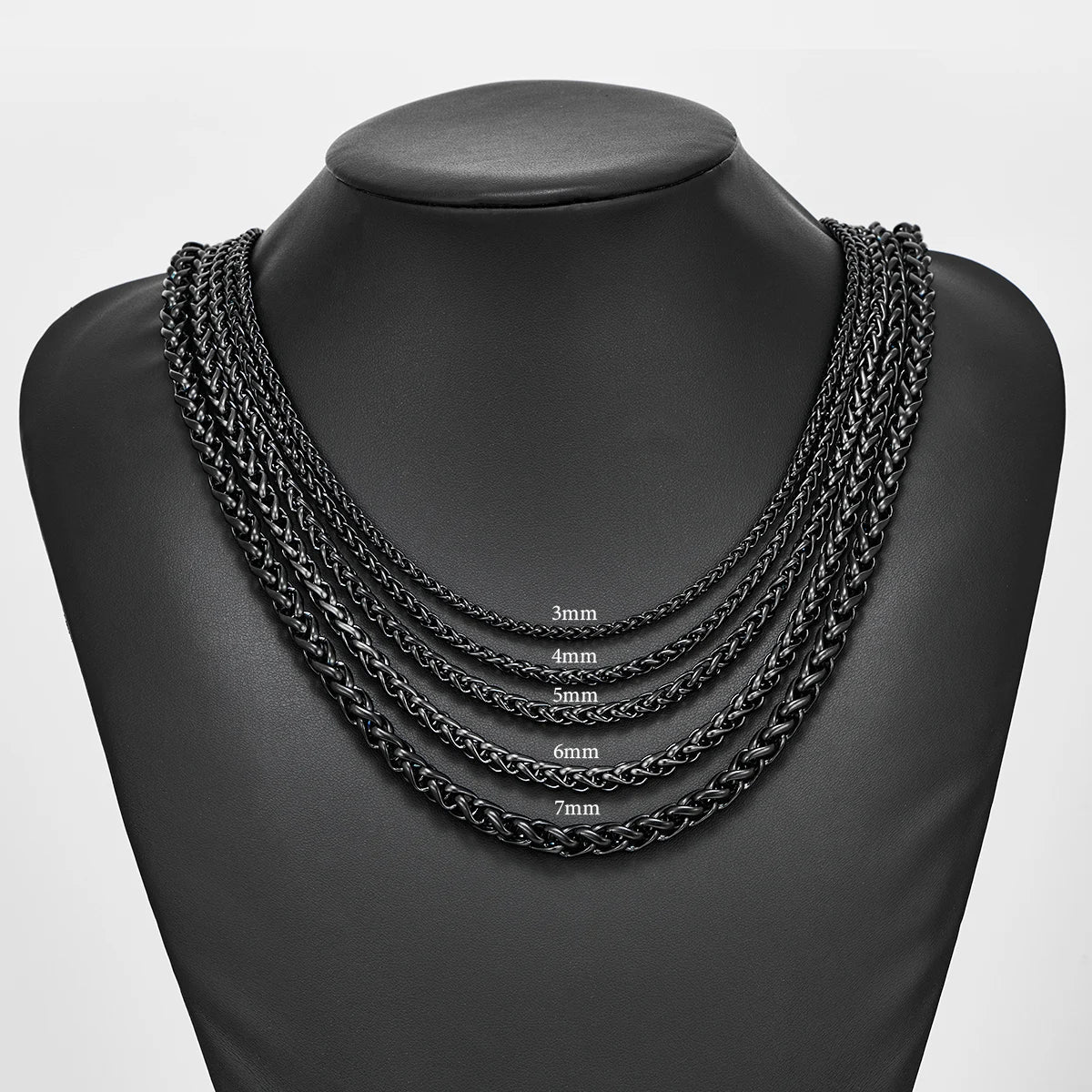 Black Wheat Braided Stainless Steel Necklace- 3mm to 7mm