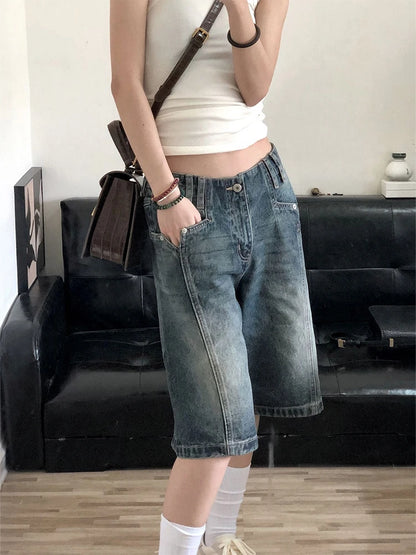 Summer American Vintage Denim Pants Loose Casual Knee Length Jean Shorts Wide Leg Kpop Y2k Streetwear Women Grunge Hip-pop Chic