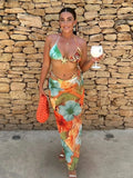 Weird Puss Beach Style Women 3Piece Set Swimsuit Colorful Print Bandage Bra+Briefs+Maxi Skirts Vacation Midnight Club Party Suit