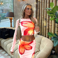 Women's Two-Piece Knit Skirt Set | Long Sleeve Top & Print Ankle Skirt | Slim Fit Club Outfit