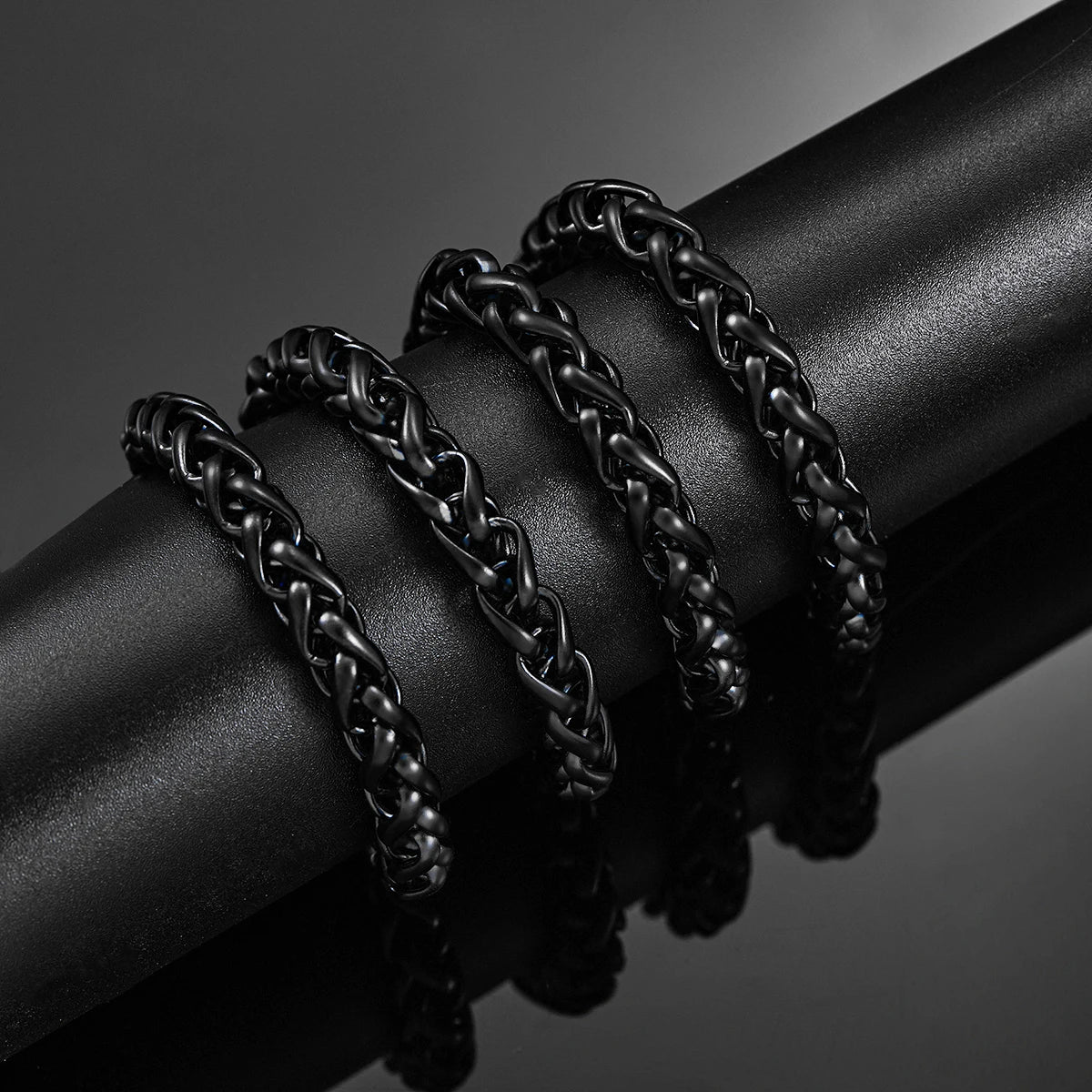 Black Wheat Braided Stainless Steel Necklace- 3mm to 7mm