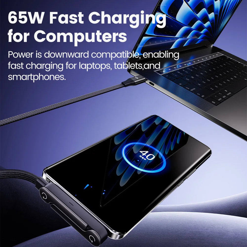 65W Fast Charging Cable with Foldable Phone Holder | USB-C & USB | Braided Nylon | 1m & 1.5m