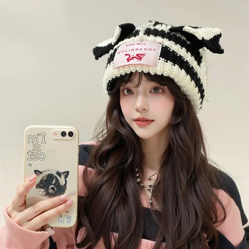 Loverboy Cat Ear Knit Hat Double-layer Warm Pig Ear Woolen Hat Cute Fashion Hooded Cap Niche Design Hip-hop Personality Cold Hat