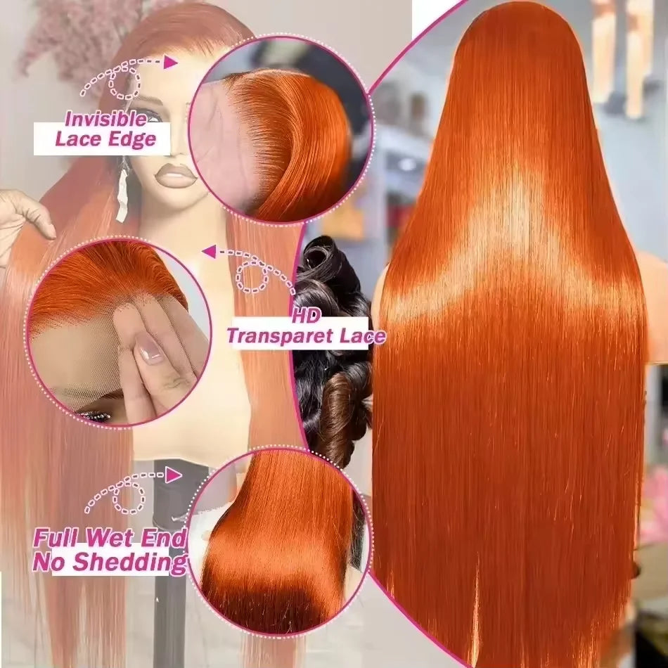 350 Ginger Orange Straight Human Hair Wigs 13X4 Hd Lace Frontal Wigs 250% Density Pre-plucked Brazilian Human Hair Wig For Women