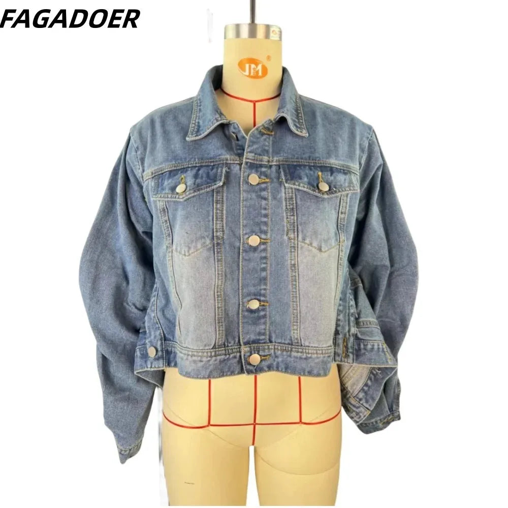 FAGADOER Blue Vintage Fashion Y2K Denim Coats Women Turndown Collar Long Sleeve Slim Crop Top Autumn Lady Cowboy Matching Jacket