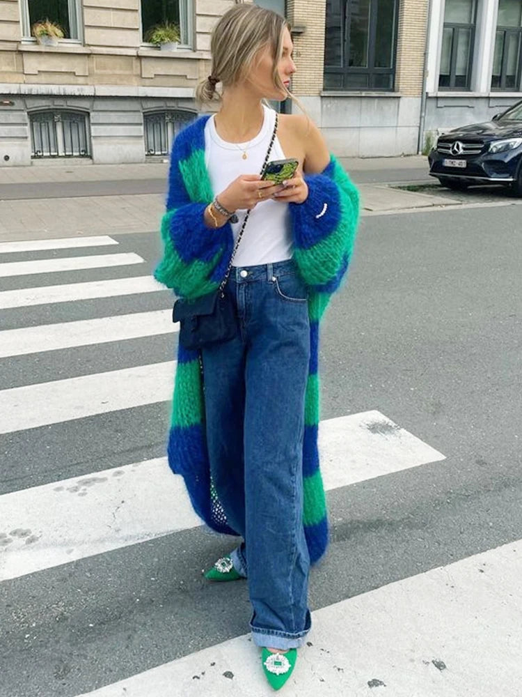 Fashion Stripe Long Cardigan Sweater Women Lantern Long Sleeve Loose Oversize Knitted Coat  Autumn Lady Chic Streetwear Overcoat