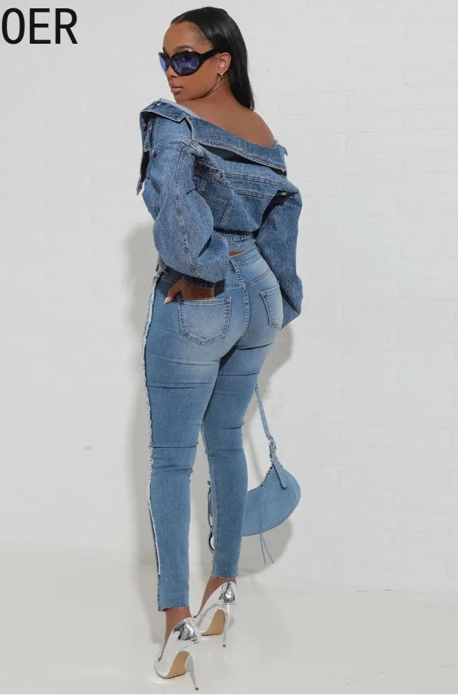 FAGADOER Blue Vintage Fashion Y2K Denim Coats Women Turndown Collar Long Sleeve Slim Crop Top Autumn Lady Cowboy Matching Jacket