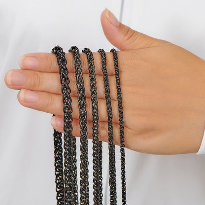 Black Wheat Braided Stainless Steel Necklace- 3mm to 7mm