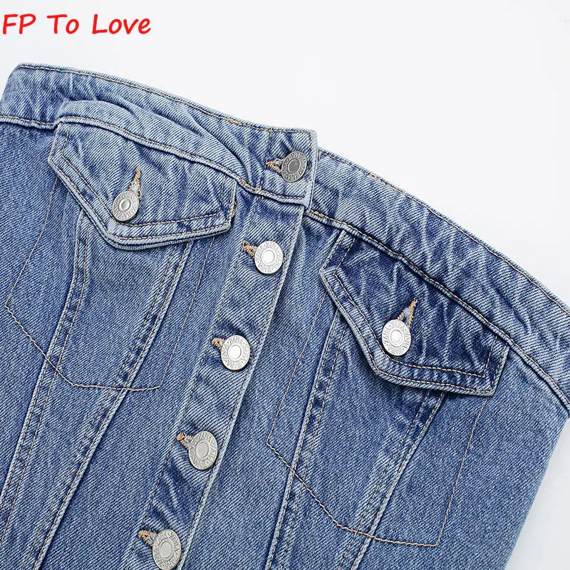 Blue Denim Strapless Tops Vintage Tube Corset Single Breasted Summer Sexy Chest Crop Backless Elastic Off Shoulder Woman6739200