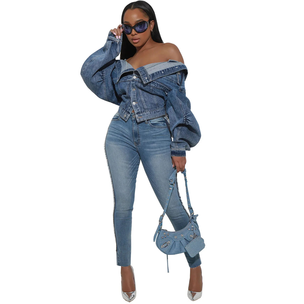 FAGADOER Blue Vintage Fashion Y2K Denim Coats Women Turndown Collar Long Sleeve Slim Crop Top Autumn Lady Cowboy Matching Jacket
