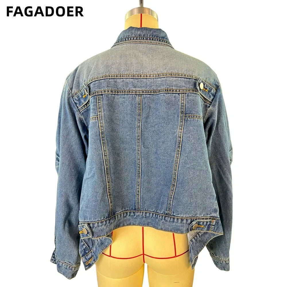 FAGADOER Blue Vintage Fashion Y2K Denim Coats Women Turndown Collar Long Sleeve Slim Crop Top Autumn Lady Cowboy Matching Jacket