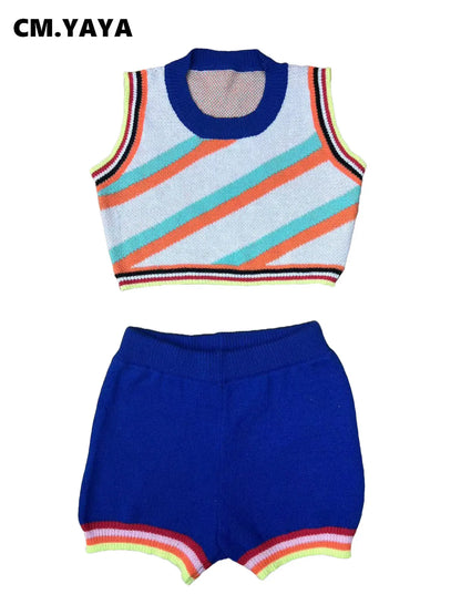 CM.YAYA Knit Ribbed Fashion Women's Set Striped Tank Top and Shorts Suit 2023 Summer Chic Two 2 Piece Set Outfit Tracksuit