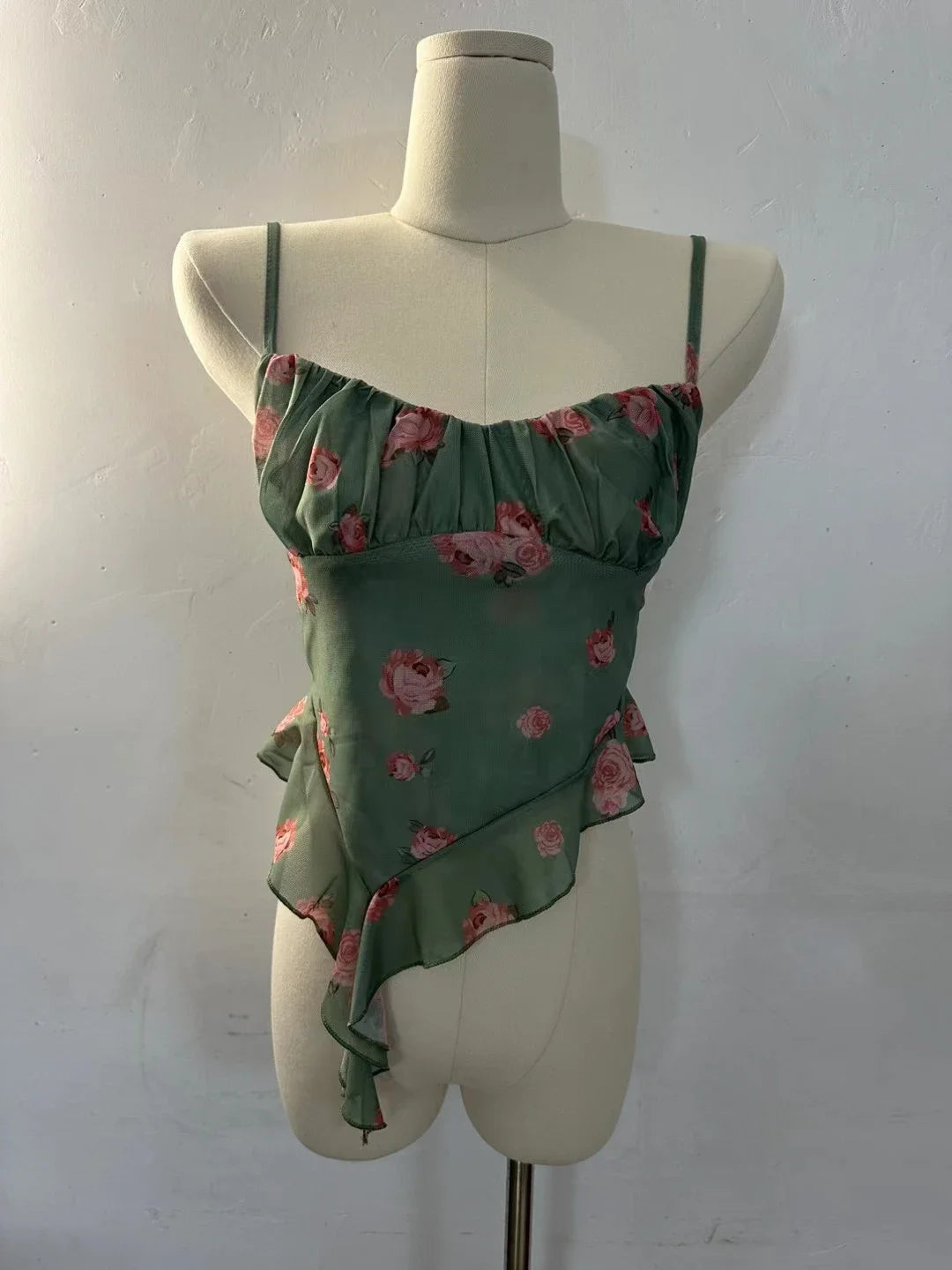 2024 New Girls Sweet Ruffles Mesh Camisole Top Lady Camis Sleeveless Printed Floral T shirts Stretch Slim Tanks For Slim Women