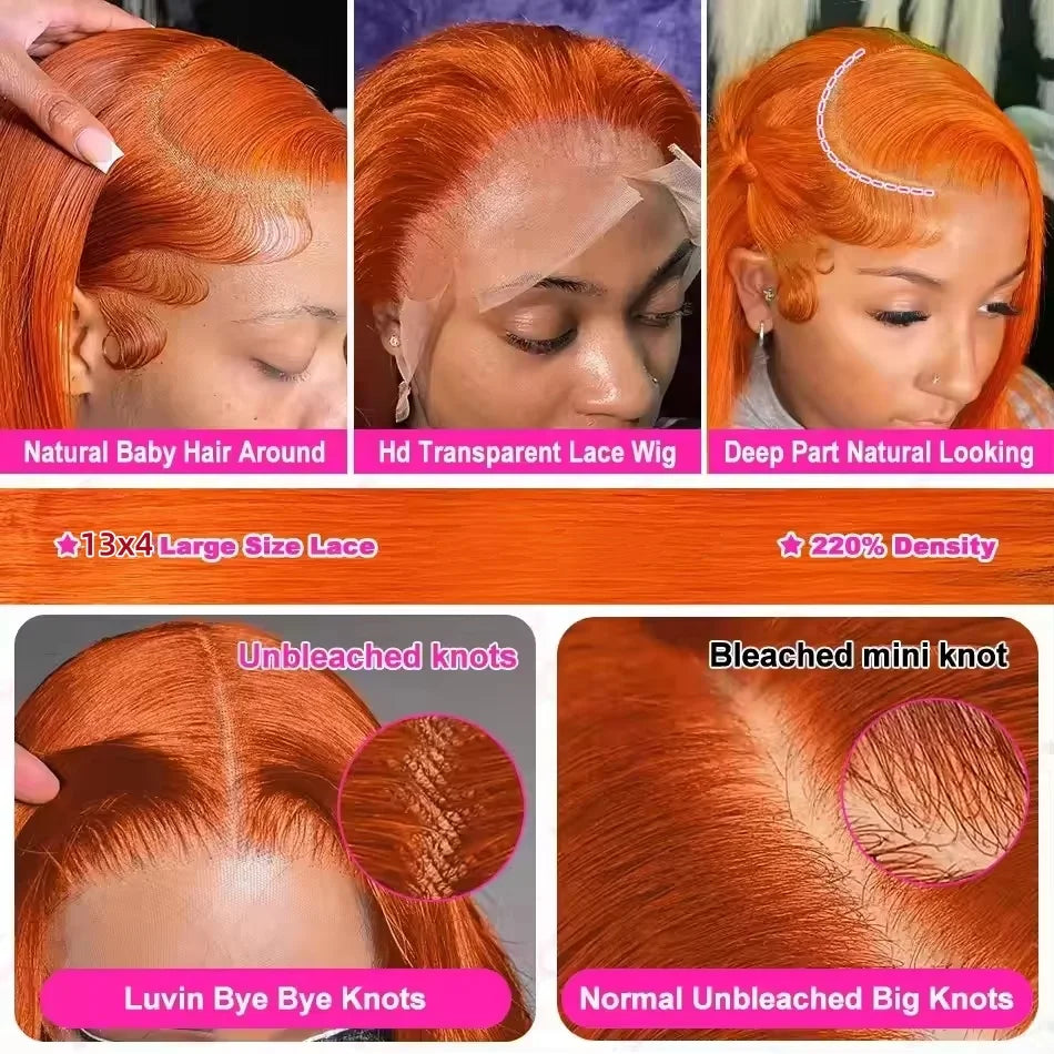 350 Ginger Orange Straight Human Hair Wigs 13X4 Hd Lace Frontal Wigs 250% Density Pre-plucked Brazilian Human Hair Wig For Women